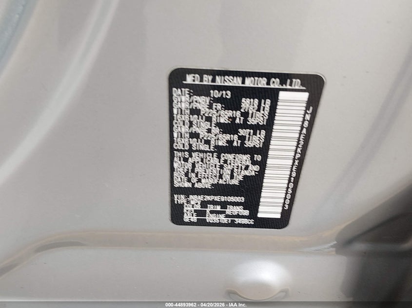 2014 Nissan Quest S VIN: JN8AE2KPXE9105003 Lot: 44893962