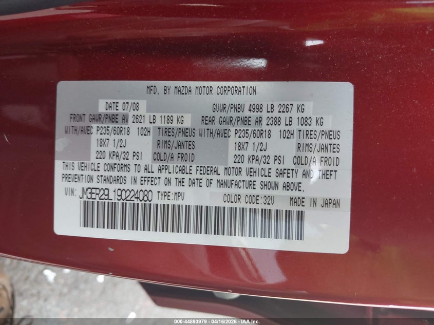 2009 Mazda Cx-7 Sport VIN: JM3ER29L190224080 Lot: 44893979
