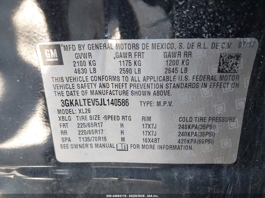 2018 GMC Terrain Sle VIN: 3GKALTEV5JL140586 Lot: 44894116