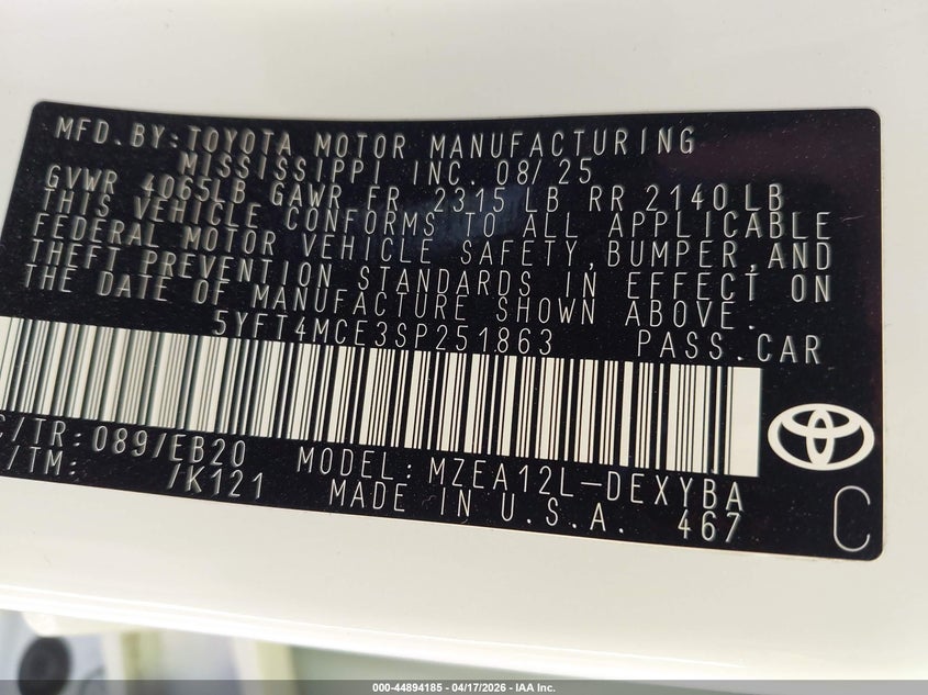 VIN 5YFT4MCE3SP251863 2025 TOYOTA COROLLA XSE
