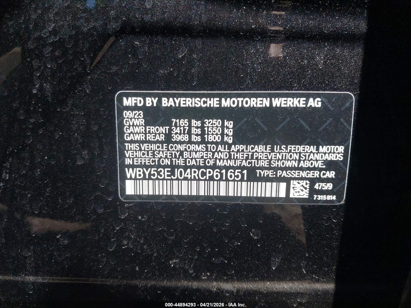2024 BMW I7 xDrive60 VIN: WBY53EJ04RCP61651 Lot: 44894293