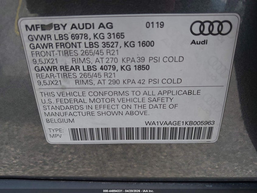 2019 Audi E-Tron Premium Plus VIN: WA1VAAGE1KB005963 Lot: 44894331