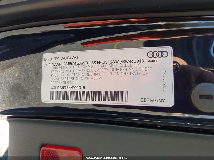 2019 Audi A7 55 Premium VIN: WAUR2AF28KN091019 Lot: 44894455