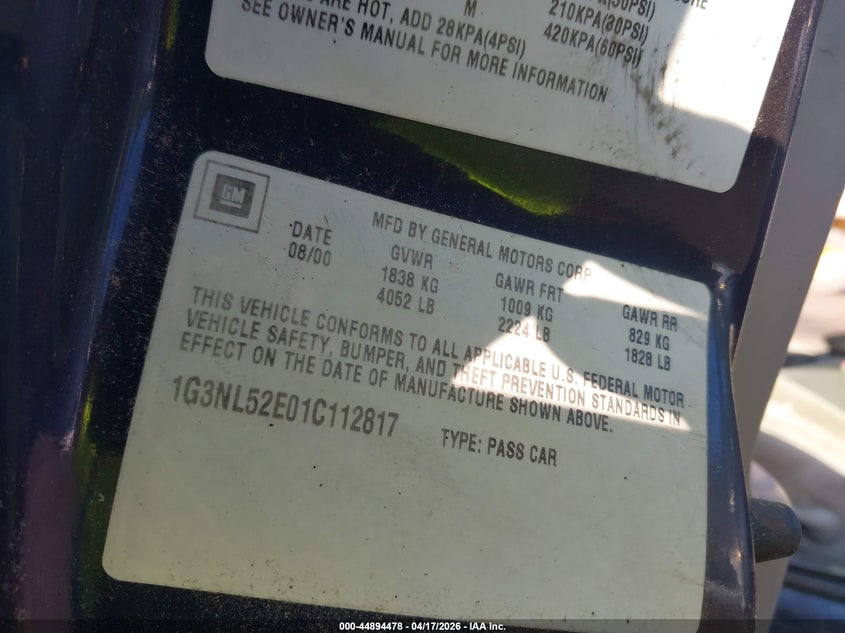 2001 Oldsmobile Alero Gl2 VIN: 1G3NL52E01C112817 Lot: 44894478