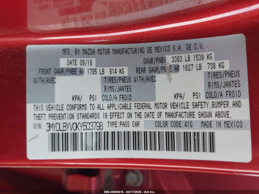 VIN 3MYDLBYV0KY503798 2019 TOYOTA YARIS LE