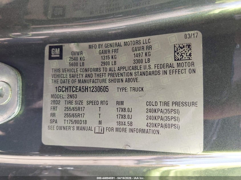 2017 Chevrolet Colorado 2.5 Lt Grey Lot 111044894591 Vin 1GCHTCEA5H1230605