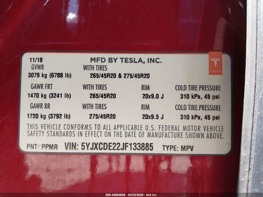 2018 Tesla Model X 100D/75D/P100D VIN: 5YJXCDE22JF133885 Lot: 44894606