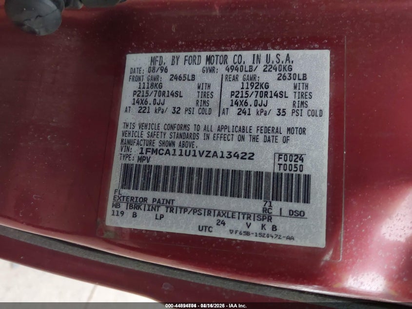 1997 Ford Aerostar Xlt VIN: 1FMCA11U1VZA13422 Lot: 44894704