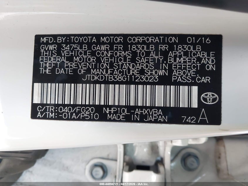 2016 Toyota Prius C Two VIN: JTDKDTB38G1123023 Lot: 44894721