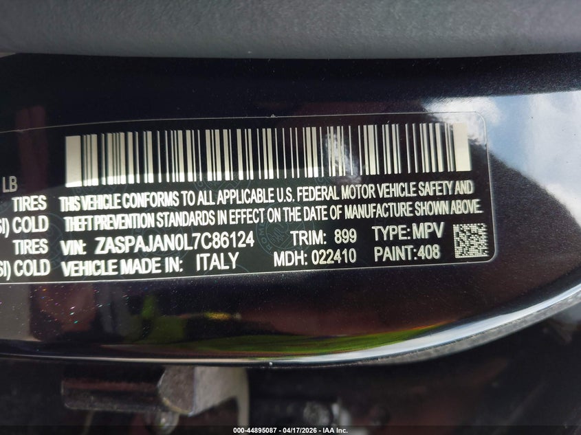 2020 Alfa Romeo Stelvio Rwd VIN: ZASPAJAN0L7C86124 Lot: 44895087