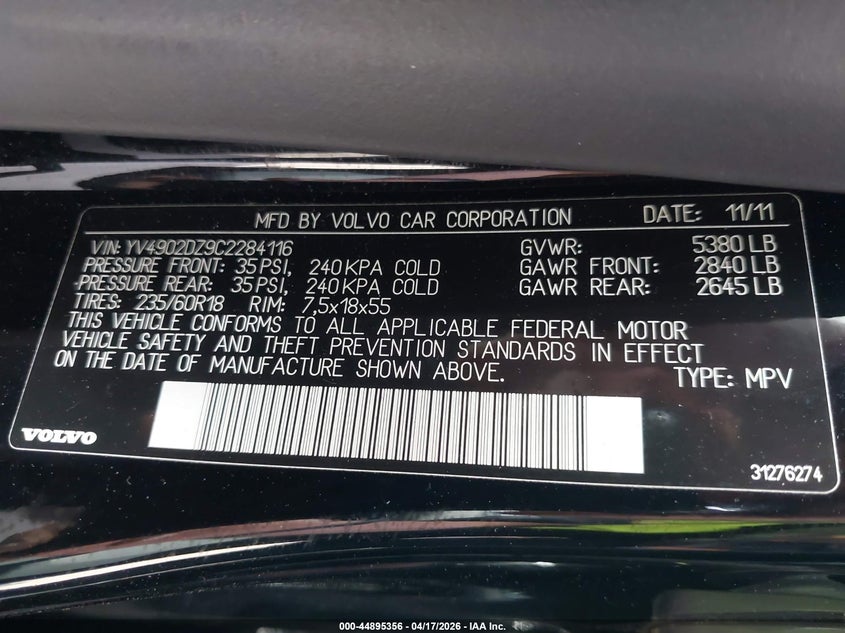 2012 Volvo Xc60 T6/T6 Platinum/T6 Premier Plus/T6 R-Design/T6 R-Design Platinum/T6 R-Design Premier Plus VIN: YV4902DZ9C2284116 Lot: 44895356