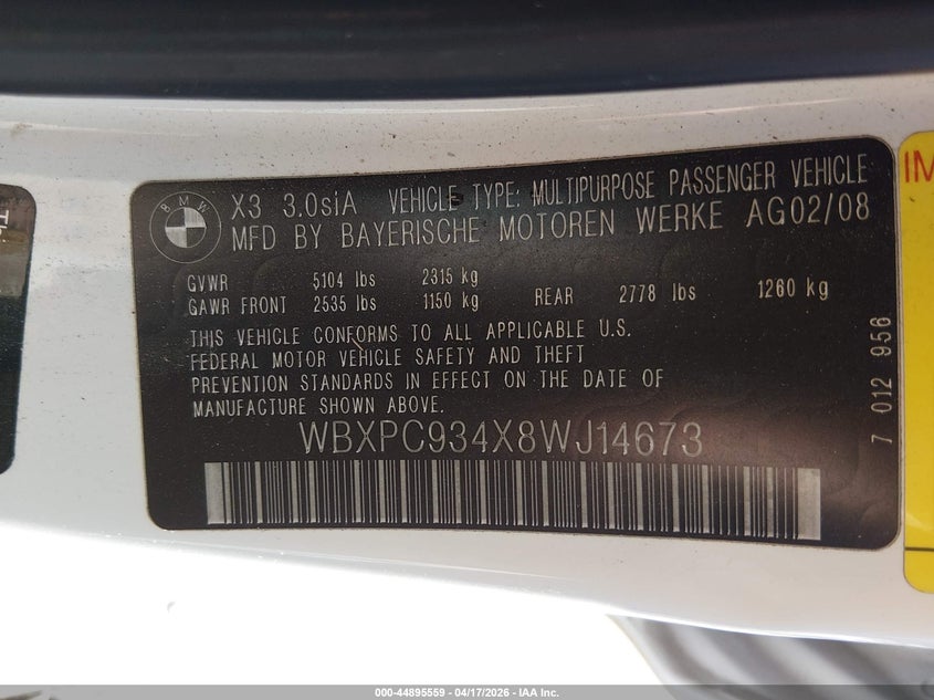2008 BMW X3 3.0Si VIN: WBXPC934X8WJ14673 Lot: 44895559