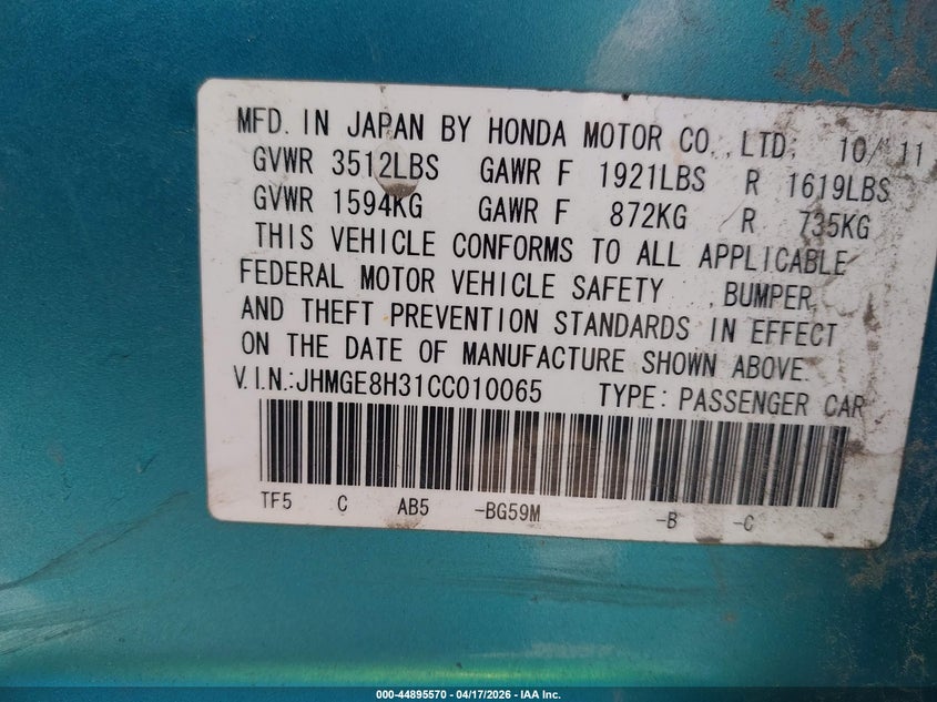 2012 Honda Fit VIN: JHMGE8H31CC010065 Lot: 44895570