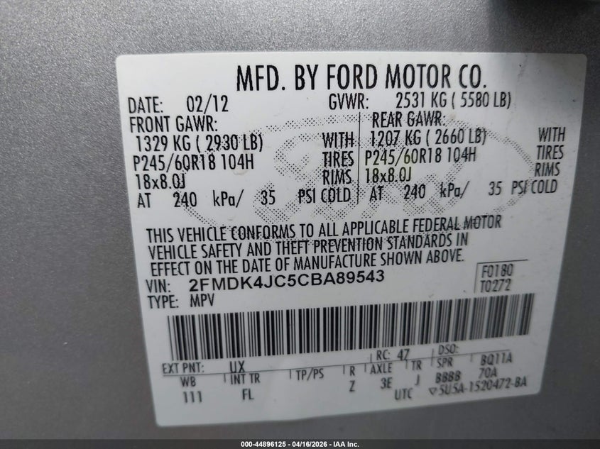 2012 Ford Edge 3.5 Sel silver Lot 111044896125 Vin 2FMDK4JC5CBA89543