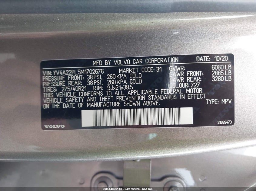 2021 Volvo Xc90 T6 Inscription 7 Passenger VIN: YV4A22PL5M1702676 Lot: 44896148