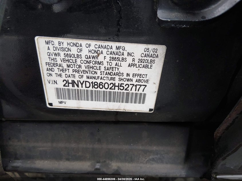 2002 Acura Mdx VIN: 2HNYD18602H527177 Lot: 44896306