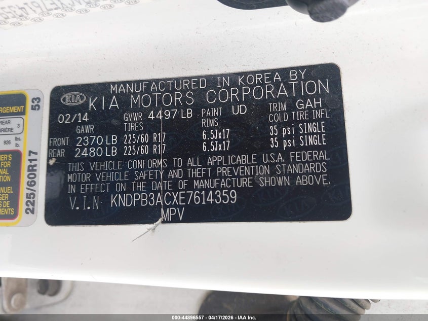 2014 Kia Sportage Lx VIN: KNDPB3ACXE7614359 Lot: 44896557