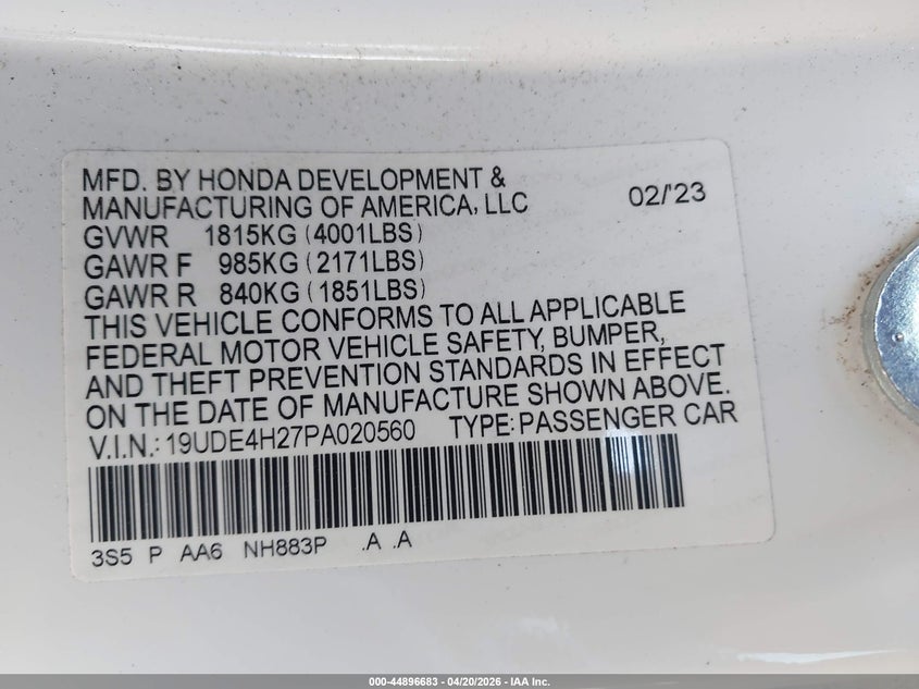 2023 Acura Integra VIN: 19UDE4H27PA020560 Lot: 44896683
