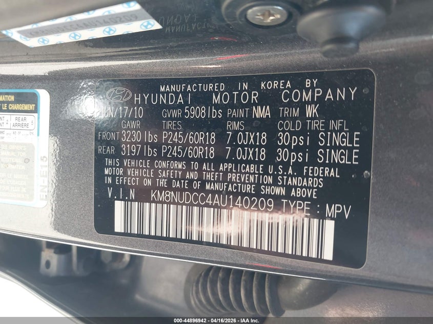 2010 Hyundai Veracruz Limited VIN: KM8NUDCC4AU140209 Lot: 44896942