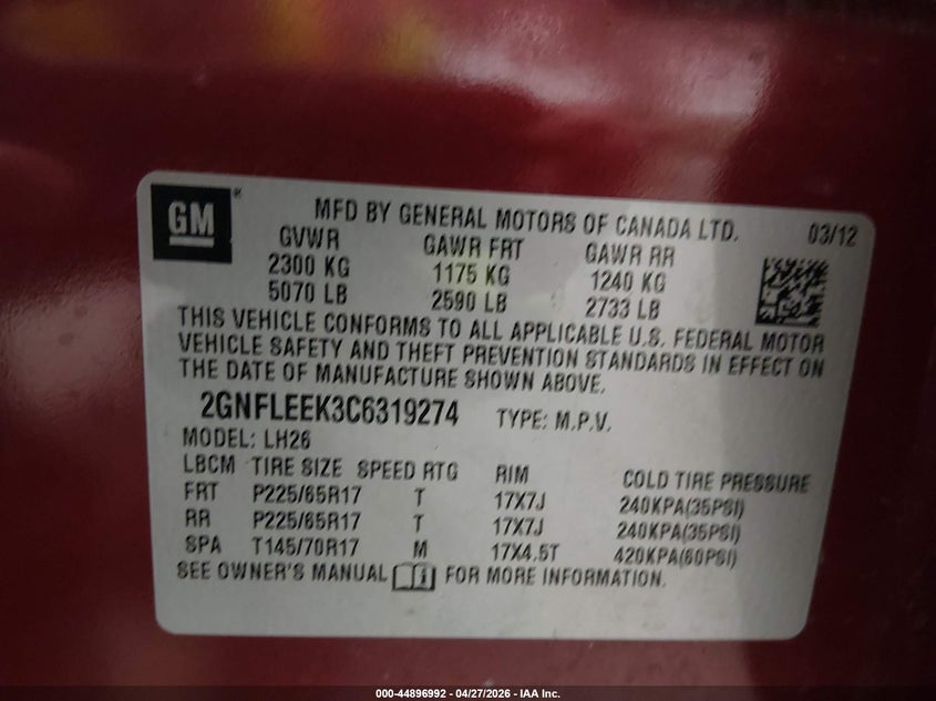 2012 Chevrolet Equinox 2.4 1Lt red Lot 111044896992 Vin 2GNFLEEK3C6319274