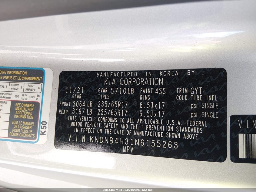 2022 Kia Carnival Mpv Lx Seat Package VIN: KNDNB4H31N6155263 Lot: 44897133
