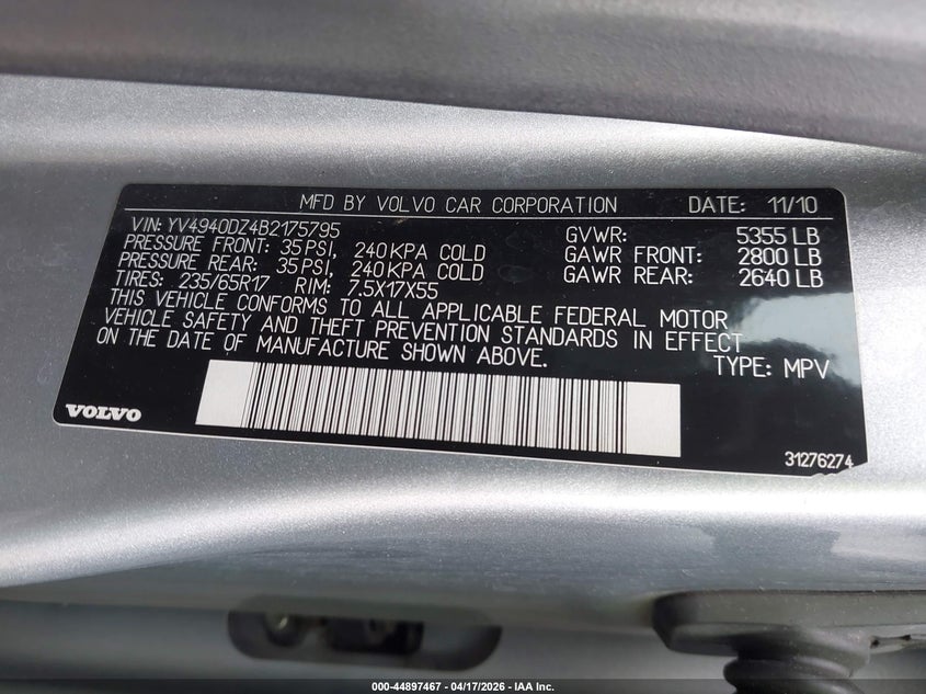 2011 Volvo Xc60 3.2/3.2 R-Design VIN: YV4940DZ4B2175795 Lot: 44897467