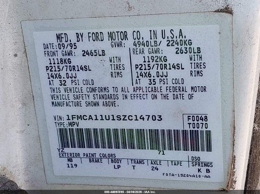 1995 Ford Aerostar VIN: 1FMCA11U1SZC14703 Lot: 44897715