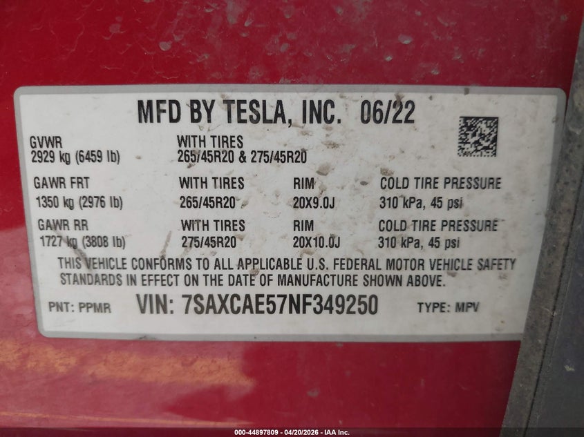 2022 Tesla Model X Dual Motor All-Wheel Drive VIN: 7SAXCAE57NF349250 Lot: 44897809