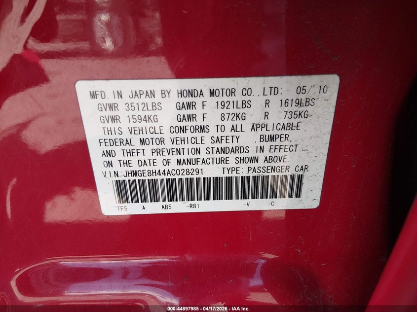 2010 Honda Fit Sport VIN: JHMGE8H44AC028291 Lot: 44897985