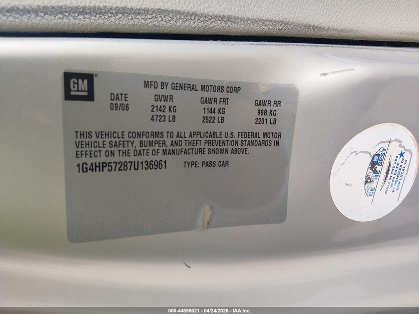 2007 Buick Lucerne Cx VIN: 1G4HP57287U136961 Lot: 44898021
