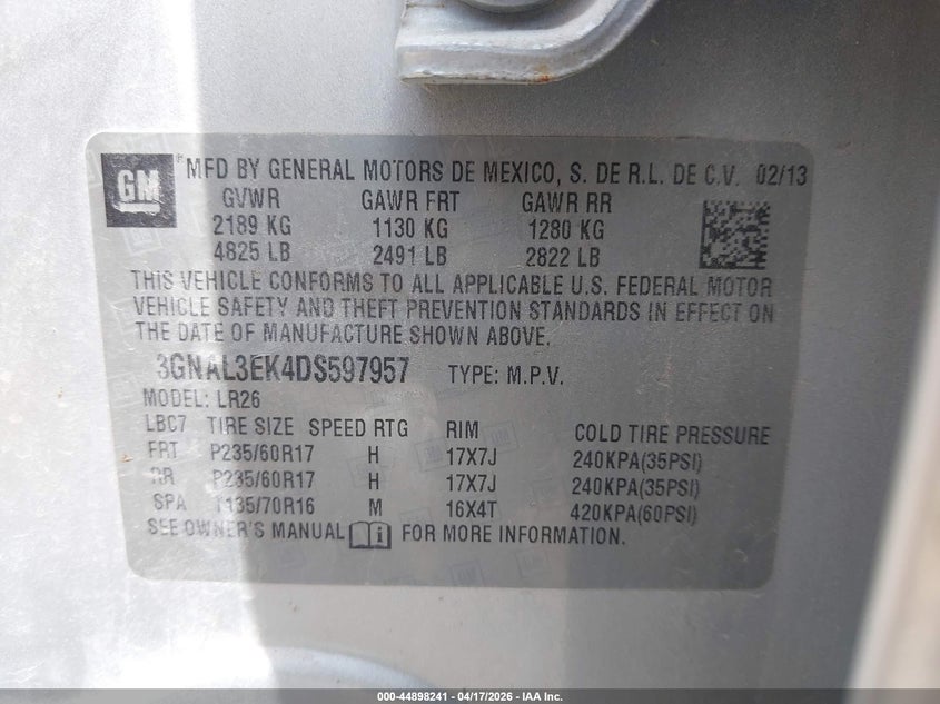 2013 Chevrolet Captiva Sport Lt VIN: 3GNAL3EK4DS597957 Lot: 44898241
