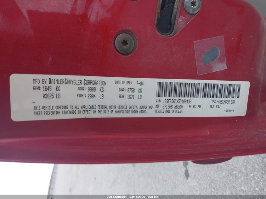 2005 Dodge Neon Sxt VIN: 1B3ES56CX5D108433 Lot: 44898301