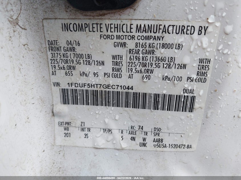 2016 Ford F-550 Chassis Xlt VIN: 1FDUF5HT7GEC71044 Lot: 44898498