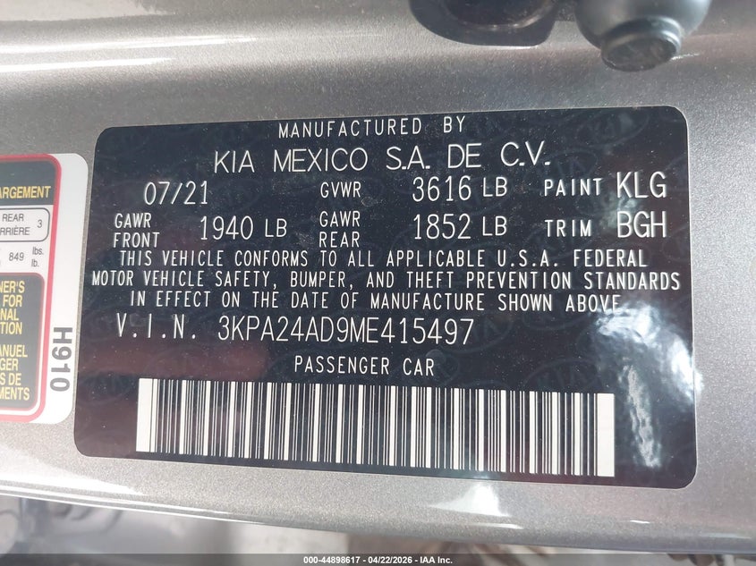 VIN 3KPA24AD9ME415497 2021 KIA RIO S
