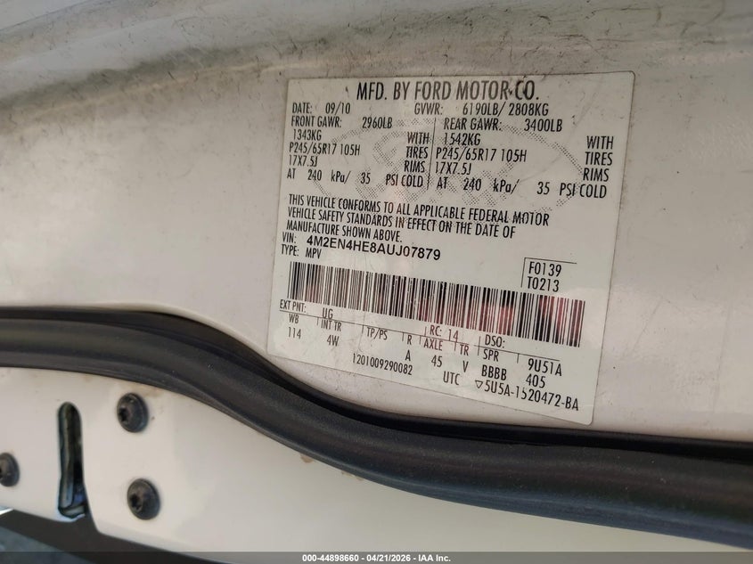 2010 Mercury Mountaineer VIN: 4M2EN4HE8AUJ07879 Lot: 44898660