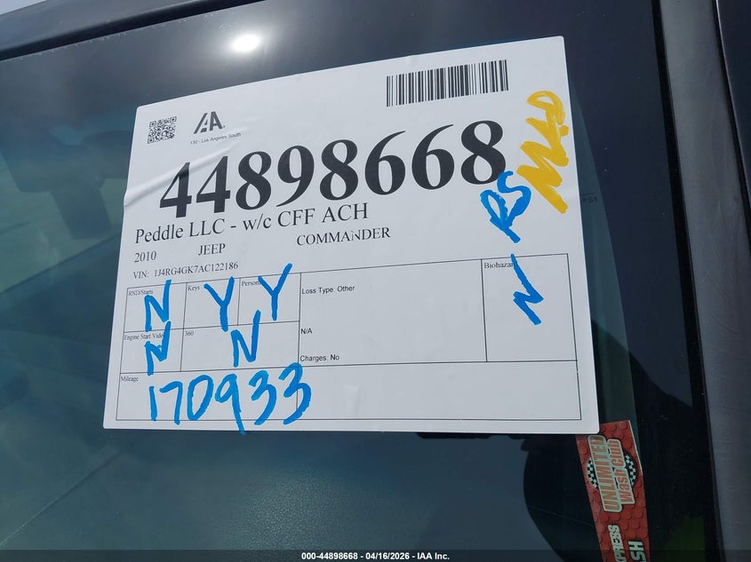 2010 Jeep Commander Sport VIN: 1J4RG4GK7AC122186 Lot: 44898668