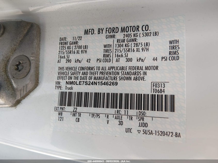 2022 Ford Transit Connect Xl VIN: NM0LE7S24N1546269 Lot: 44898843