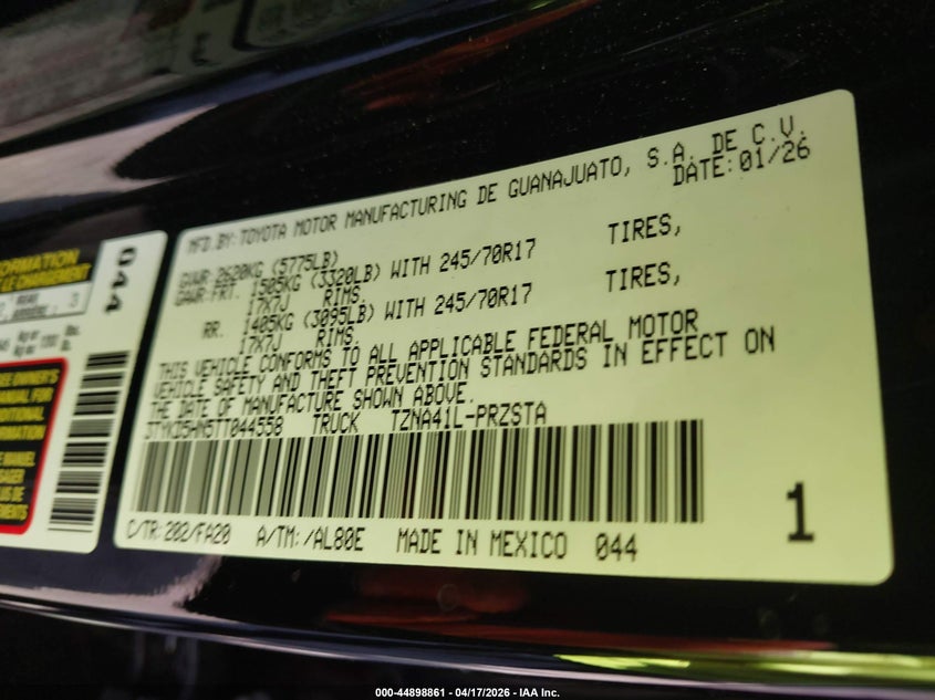 VIN 3TYKD5HN5TT044558 2026 TOYOTA TACOMA SR