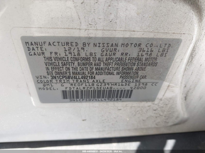 2020 NISSAN KICKS VIN: 3N1CP5BV4LL492184