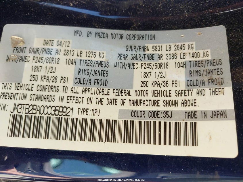 JM3TB2BA0C0359921 2012 Mazda Cx-9 3.7 Cx-9 Sport blue