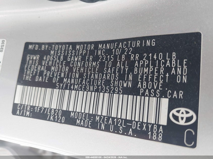 2022 TOYOTA COROLLA SEDAN 2.0L I-4 DI, DOHC, VVT, 169HP