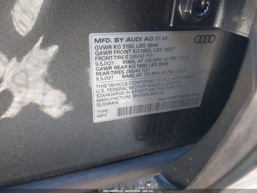 2025 Audi Sq7 Prestige Tfsi Quattro Tiptronic VIN: WA1VWBF73SD010564 Lot: 44899220