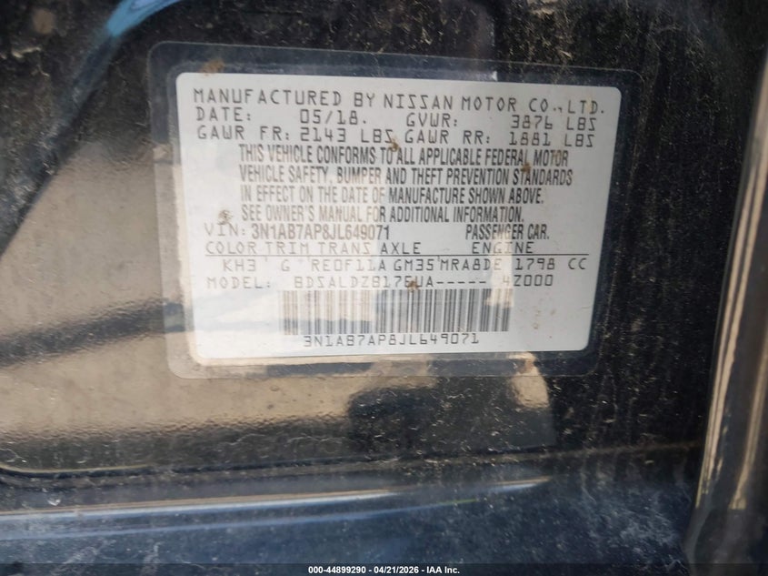 VIN 3N1AB7AP8JL649071 2018 NISSAN SENTRA SV