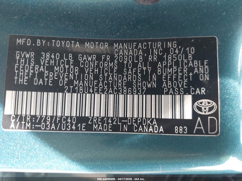 2010 Toyota Corolla 1.8 Le Turquoise Lot 111044899490 Vin 2T1BU4EE2AC386937