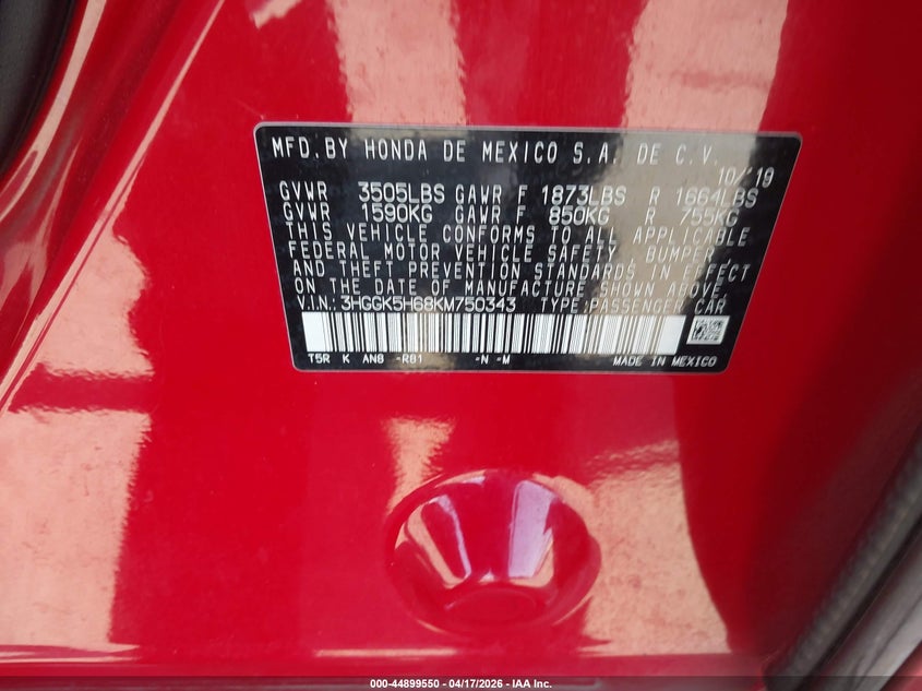 2019 Honda Fit Sport VIN: 3HGGK5H68KM750343 Lot: 44899550