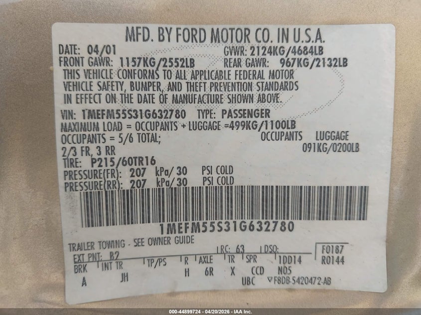 2001 Mercury Sable Ls Premium VIN: 1MEFM55S31G632780 Lot: 44899724