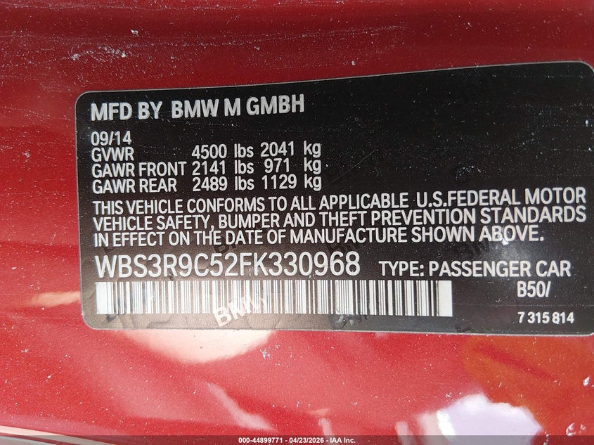 2015 BMW M4 VIN: WBS3R9C52FK330968 Lot: 44899771