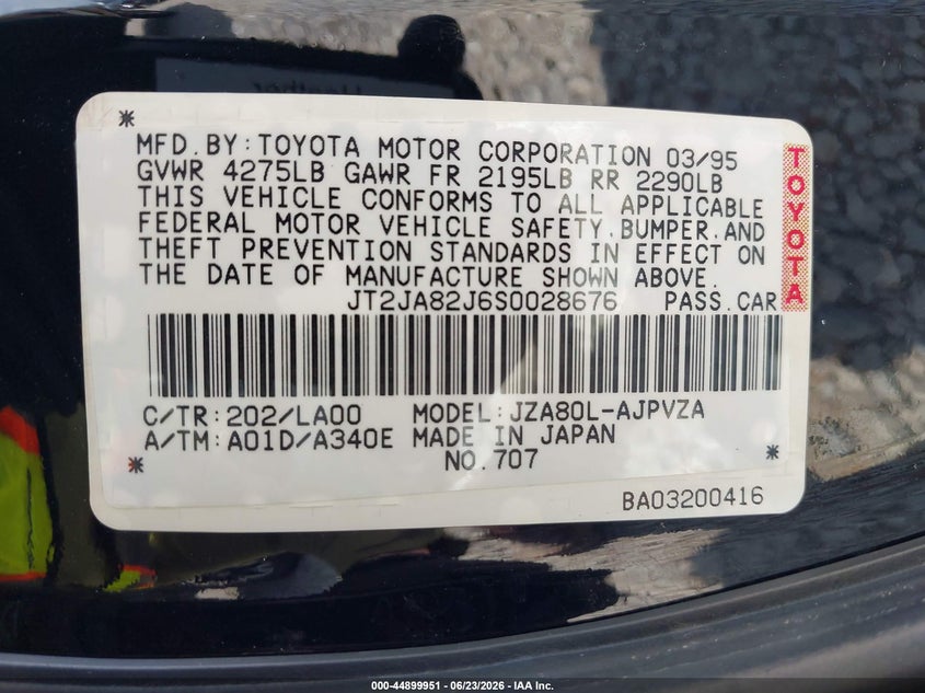 1995 Toyota Supra Sport Roof VIN: JT2JA82J6S0028676 Lot: 44899951