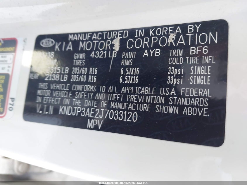 2018 Kia Soul Ev VIN: KNDJP3AE2J7033120 Lot: 44899998