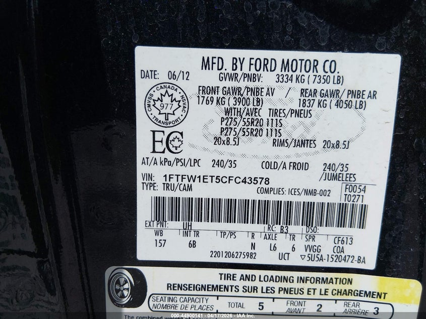 2012 Ford F-150 3.5 Fx4 black Lot 111044900141 Vin 1FTFW1ET5CFC43578
